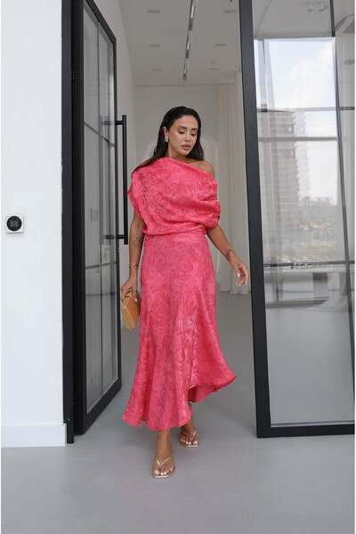 Havoş Pink Jacquard Asymmetrical Cut Midi Dress