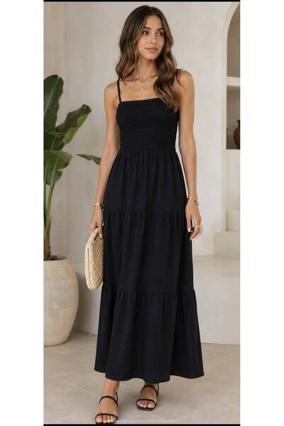 PAYİNİ Busem Women's Giped Strappy Maxi Dress Summer Comfortable Cut Daily St...