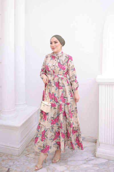 İmajButik Fuchsia Half Buttoned Sleeves Layered Skirt Dress with Elastic Waist