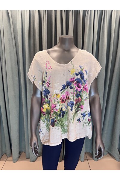 İthal Keten Kumaş Çiçekli Renkli tarz Oversize Krem Bluz