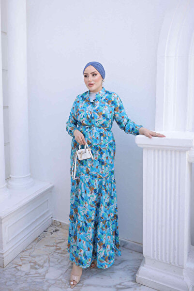İmajButik Blue Half-Buttoned Layered Dress with Elastic Sleeves
