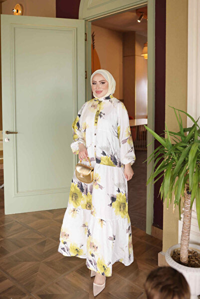 İmajButik Yellow Half Buttoned Sleeves Elastic Skirt Layered Viscose Dress