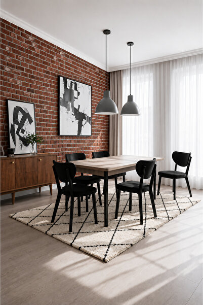 Concept Ayz Home Valoria Serisi 6 Kişilik 80x130 cm Traverten MDF Siyah Kumaş...