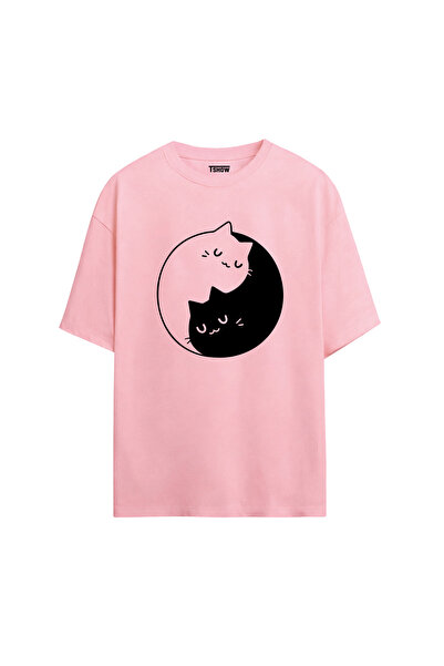 Yin Yang Kedi Baskılı PREMİUM Bisiklet Yaka %100 Pamuk kısa kollu Oversize Tshirt E-11