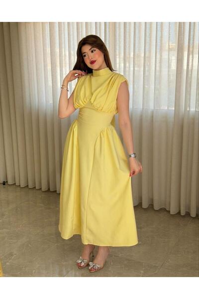 led style Midi Dress with High Collar and Draped Details on the Chest