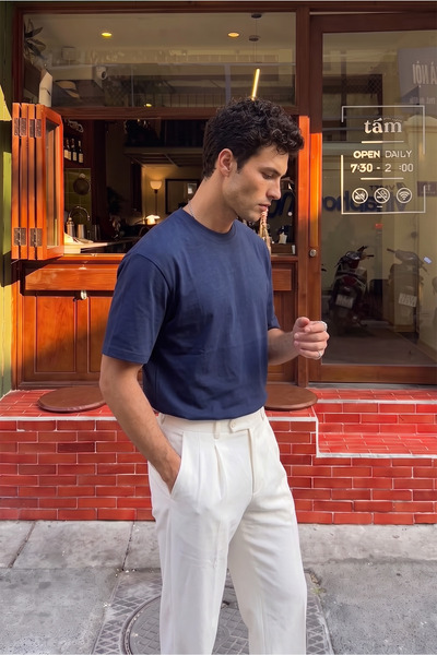 Livio Ferri Tricou pentru bărbați Bari Premium, 100% bumbac, oversize, basic, cu decolteu rotund, bleumarin