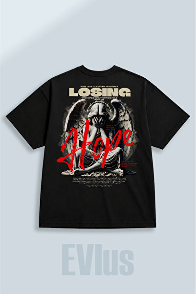 EVIus Tricou negru supradimensionat, cu imprimeu Losing Hope, 100% bumbac, cu...