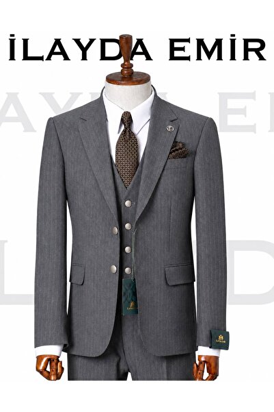 ilayda emir Men's Grey Slim Fit Vest Suit Striped Classic 3 Piece 6 Drop Wedd...