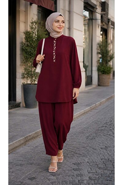 Puane 26Y14422 TAKIM TUNİK PANTOLON BONCUK İŞLEMELİ MODAL KUMAŞ BORDO