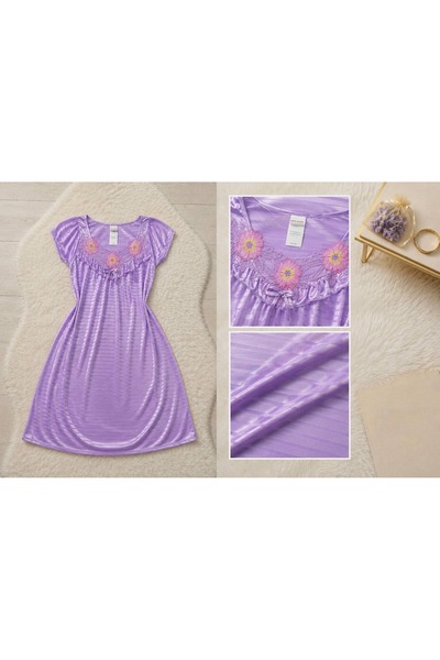 Generic Brand Women’s Satin Short Sleeve Nightgown with Floral Embroidery – E...