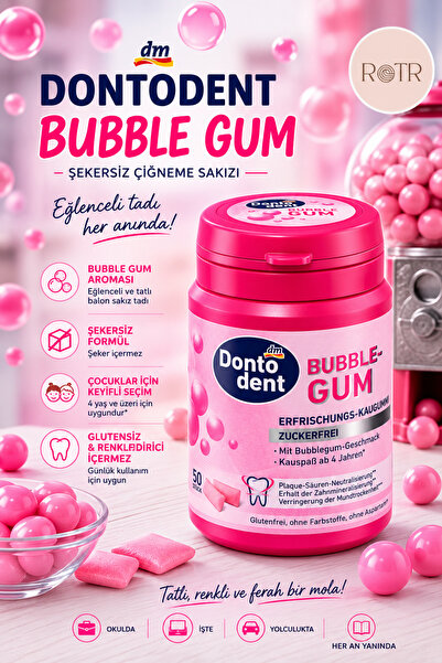 Dontodent Bubble Gum Şekersiz Çiğneme Sakızı Bubble Gum Aromalı 50 Adet