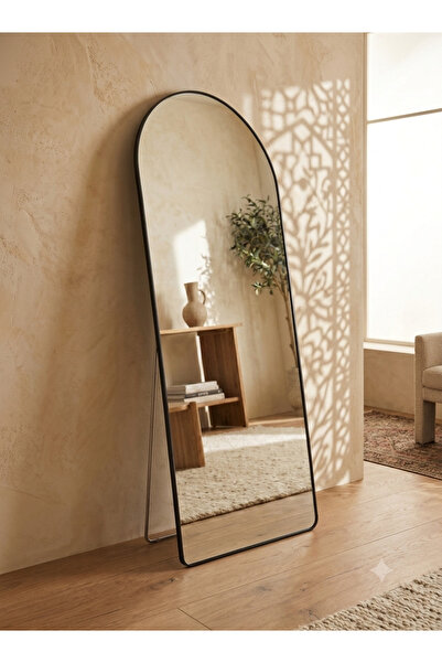 Binshihon Home مرآة طولية حديثة بإطار أسود مع ستاند خلفي