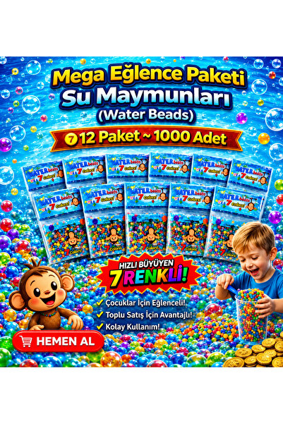 PRIMENEST Su Maymunu Water Beads 12 Paket 1000 Adet 7 Renk Hızlı Büyüyen Orbe...