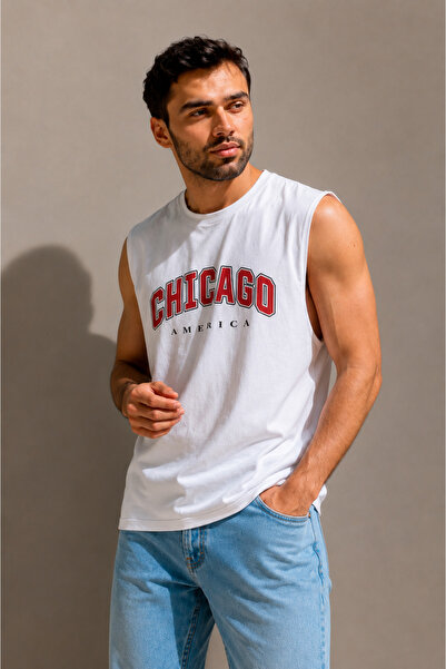 ENB1R MODA Ανδρικό αμάνικο μπλουζάκι Chicago με στάμπα, με λαιμόκοψη ποδηλάτο...