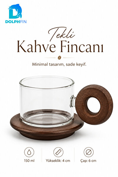 DolphFin 150 ml Ahşap Kulplu Cam Kahve Fincanı Ahşap Tabaklı 4 cm