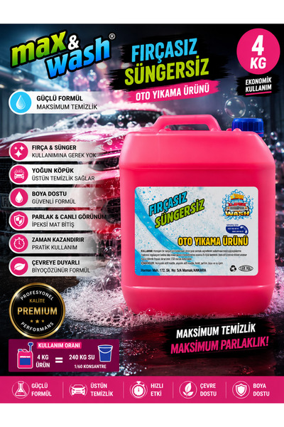Max&Wash 4 KG Fırçasız Süngersiz Oto Yıkama Şampuanı | 1/60 Konsantre Yoğun K...