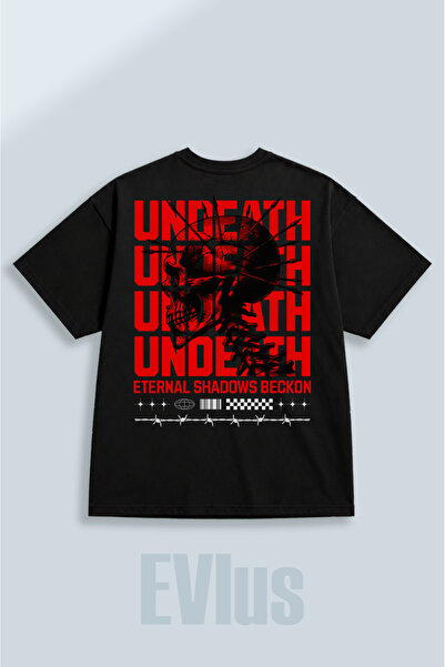 EVIus Tricou negru oversize cu imprimeu Undeath, 100% bumbac, cu decolteu rot...