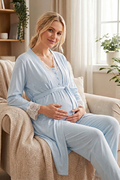 Rimel Homewear Women's Blue Lace Detailed Front Buttoned Maternity & Pregnanc...