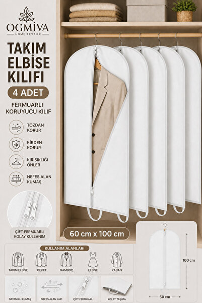 OgMiva 4'lü Beyaz Takım Elbise Kılıfı 60x100 cm Çift Fermuarlı Gamboç Elbise ...