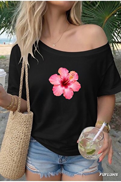 FUFLUNS Pink Flower Printed Oversized Women's Boat Neck T-Shirt