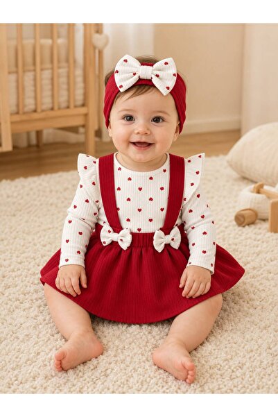 Ferasty İstanbul Badili Heart Patterned Red Baby Dress with Bow and Band, Set...