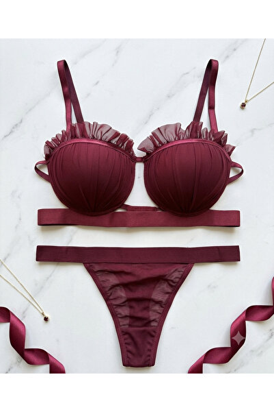 RUYAZ Burgundy Padded Ruffle Detailed Supportive Bra and Panty Set
