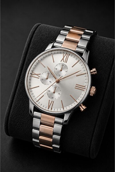 Leerybee Men's Wristwatch Silver Rose Metal Band Silver Dial Roman Numeral Ch...