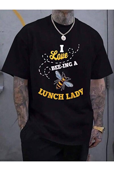 KYMC07 تي شيرت رجالي أسود 100% قطن، بتصميم Lunch Lady Bee Lover، مناسب للكافي...