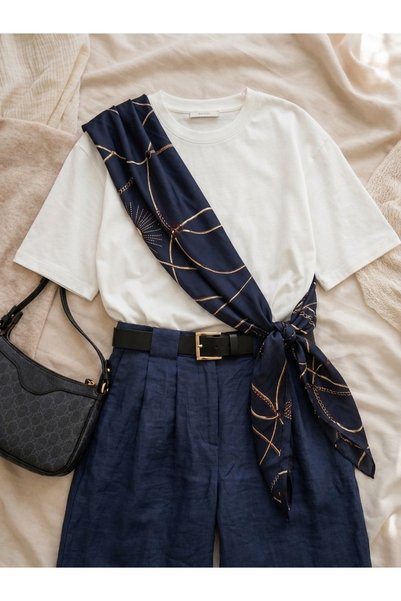 She Combines Special Design Navy Blue Shawl Detailed Crew Neck White Women's Blouse T-Shirt