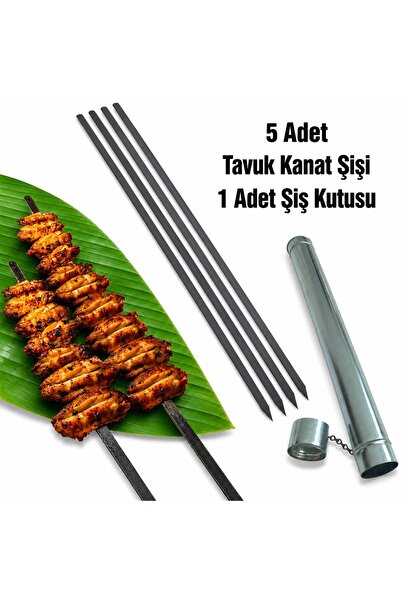 YILMAZNARGİLE Tavuk Kanat Şişi 60 Cm 5 Adet-Şiş Kutusu 60 CM 1 Adet Yassı Sil...