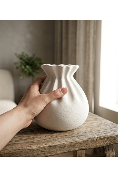 DEKOREA HOME El Yapımı Minimal Taş Tozu Kese Form Vazo (14x16 cm) - Estetik K...