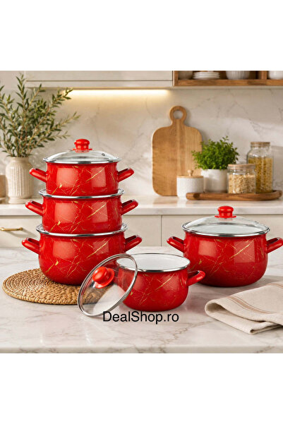 dealshopromania Set of 5 enameled Red Marble saucepans with glass lids, 10 pi...