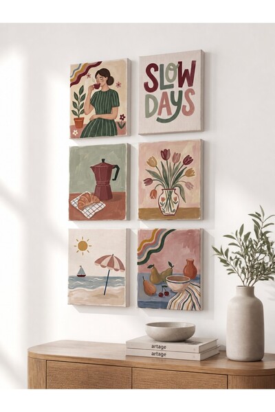 ARTAGE 6’lı Retro Modern Bohem Naif Sanat Kanvas Tablo Seti
