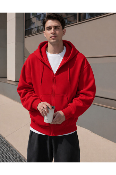YAKAMEL ERKEK 3 İPLİK FERMUARLI KAPÜŞONLU OVERSİZE RAHAT SWEATSHIRT HIRKA