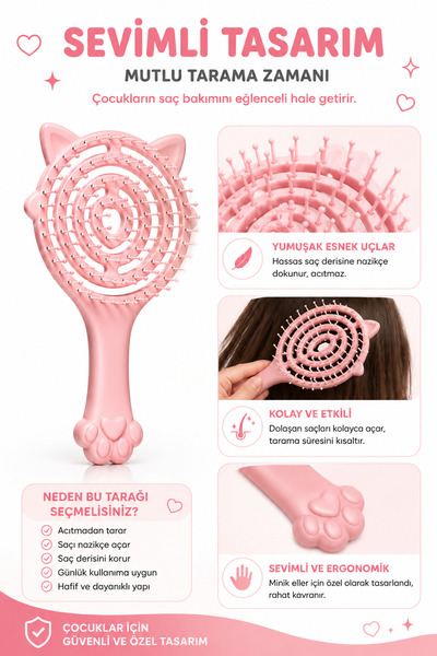 Kifi Pro Üç Boyutlu Çocuk Saç Fırçası Pembe Kedi Pati ve Kulaklı