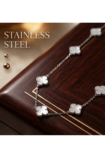 stainless steell 316 Steel Chain Silver Color White Stone Clover Model Necklace