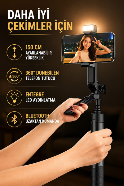 Coverzone 150 cm Selfie Çubuğu Tripod Bluetooth Uzaktan Kumandalı LED Işıklı ...