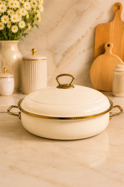 PR HOME Krem Derin Bombeli Emaye Karnıyarık Pilav Tenceresi 26 cm