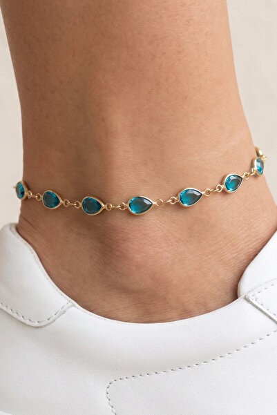 Elika Silver Turquoise Zircon Stone Drop Model Gold Color Anklet