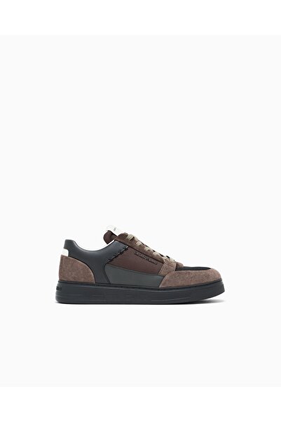 Emporio Armani Men's Low-Top Brown Sneaker with Suede and Mesh Detailing