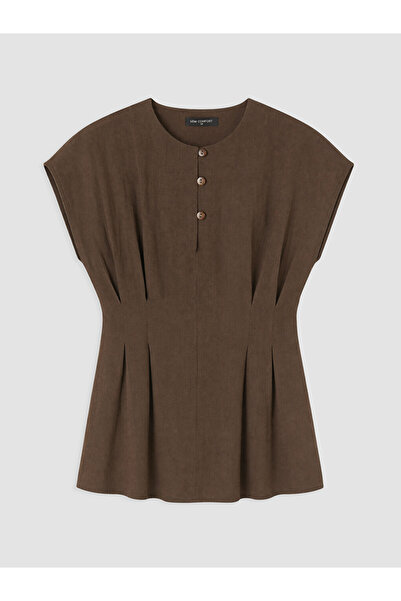 LC Waikiki Brown Crew Neck Pleated Peplum Blouse