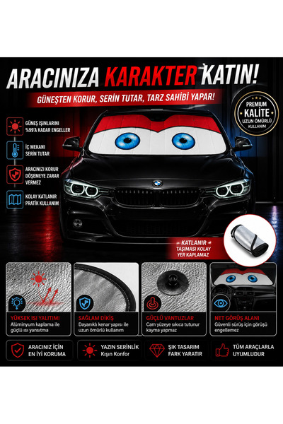 TEKNO TeknoGrip Araç Ön Cam Güneşliği Karikatür Göz Tasarımlı Katlanabilir Gü...