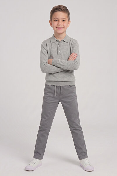 nacar çarşı Boy's Gray Long Sleeve Polo Collar T-Shirt Gray Ribbed Waist Canv...