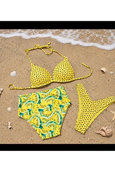Nobrand Costum de Baie Damă 3 Piese Galben – Sutien Triunghi Push-Up, Slip Ta...