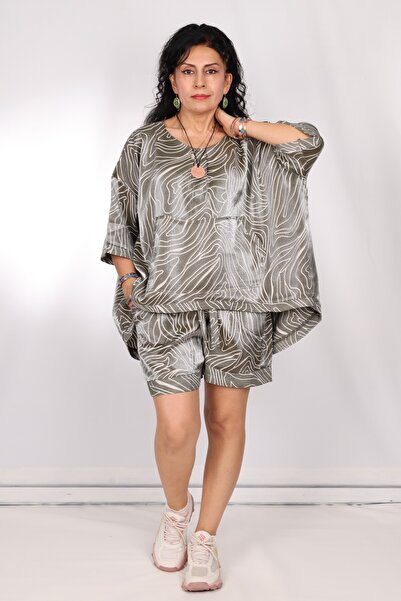 Store Khaki White Patterned Double Shorts and Blouse Set