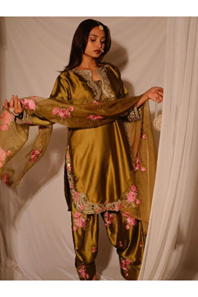 MYSMAR Mustard Japan Satin Top Bottom & Dupatta - HRT7403-Mustard-Size:L-40-I...