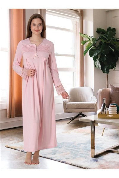 Effortt Dvina Maternity Pregnant Lace Detailed Long Sleeve Nightgown - Pink