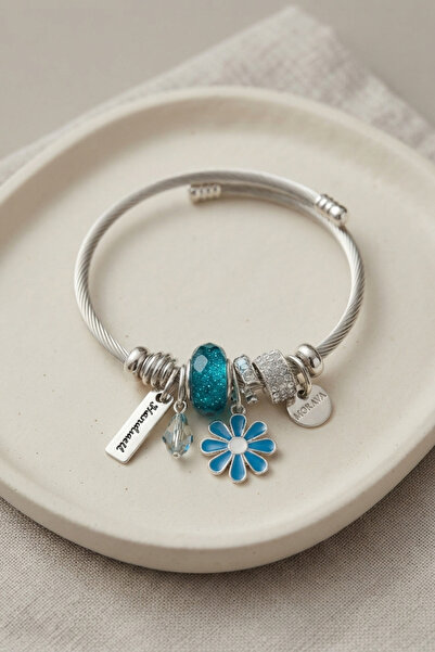 Lisinya Blue Daisy Charm Silver Color Bracelet -