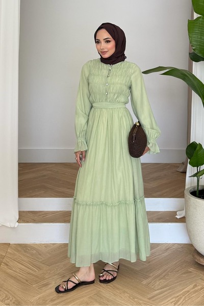 Rimel Moda Norah Büzgülü Elbise Yeşil
