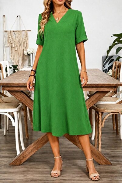 MYSSHOES Women's Short Sleeve V-Neck Wrinkled Midi Dress